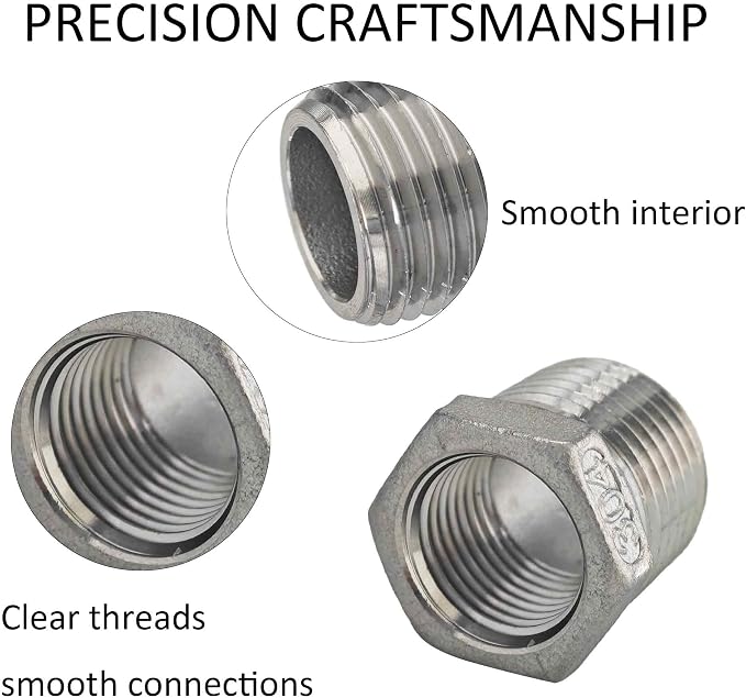 304 Stainless Steel Reducer Hex Bushing, 1/2" NPT Male to 3/8" NPT Female - Image 4