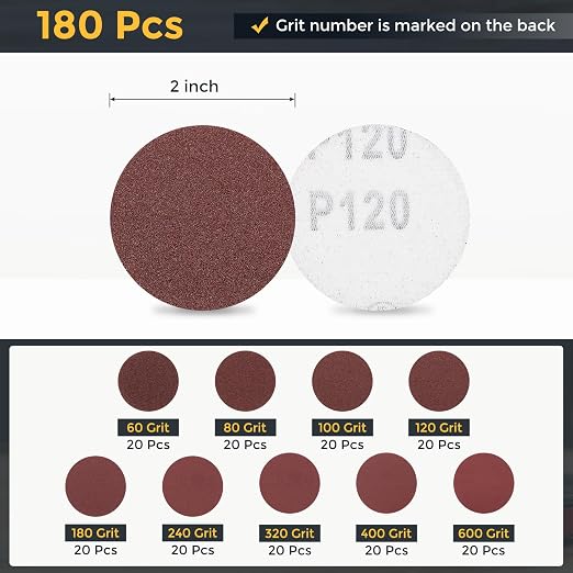 HARFINGTON 180Pcs 2Inch Sanding Disc Hook & Loop Sandpaper Aluminum Oxide | - Image 2