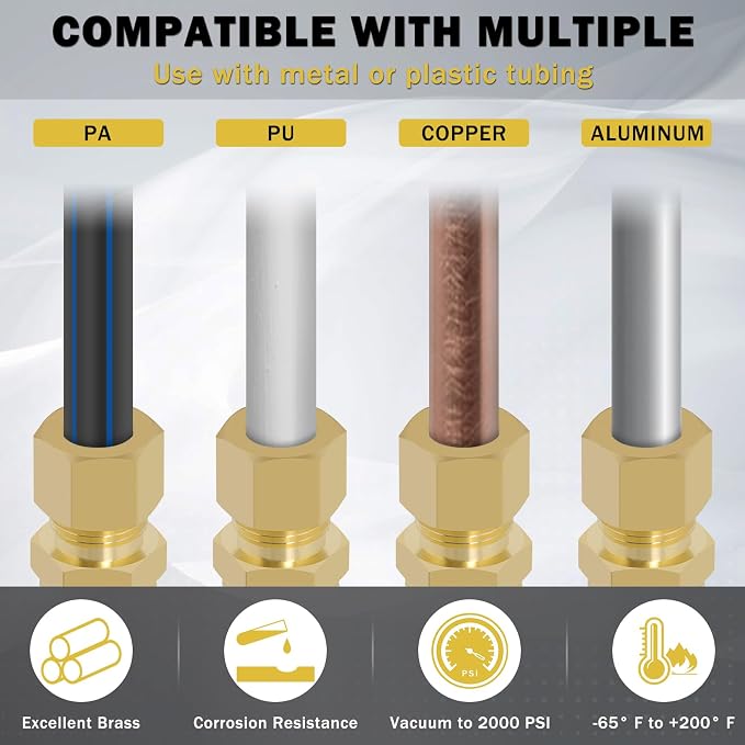 53 Pcs Brass Compression Fittings Assortment Kit, 1/8" 3/16" 1/4" 3/8" 1/2" OD - Image 6