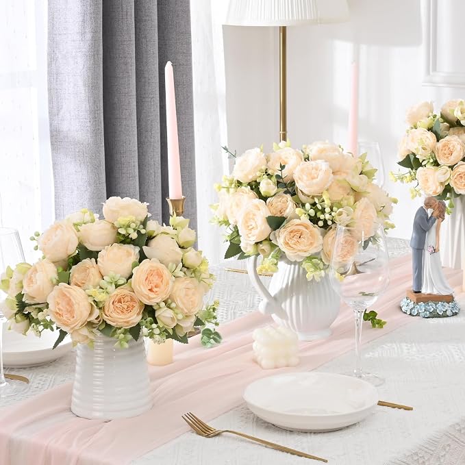 4 Packs Peonies Artificial Flowers, Champagne Silk Artificial Peonies | Fake - Image 5