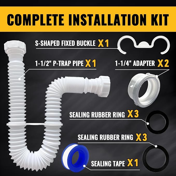 VIVIDA Flexible Drain Pipe 1-1/2 Inch, Kitchen Sink P Trap - Image 9