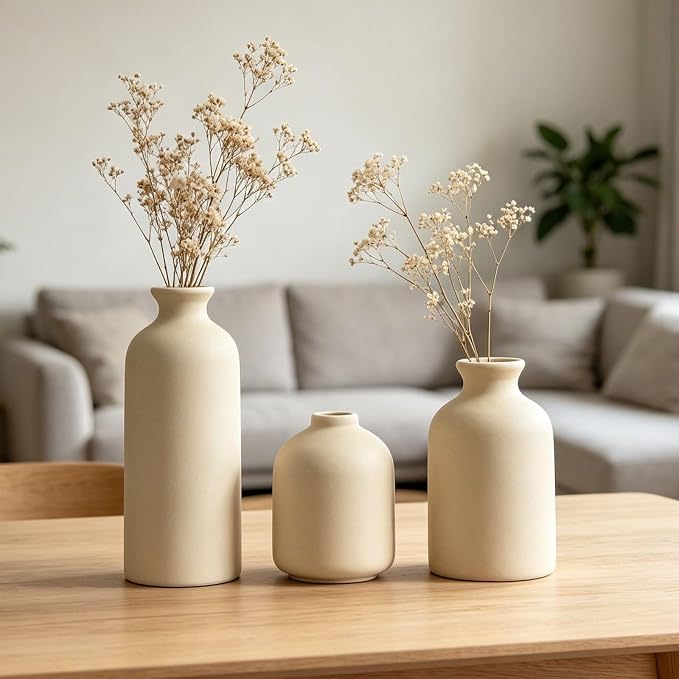 Small Ceramic Vase Set of 3, Modern Boho Farmhouse Flowers Vases | Decorative - Image 6