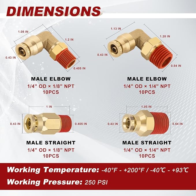 40PCS Straight & Elbow Brass Air Fittings Kit, 1/4" Tube x 1/8" & 1/4" NPT | - Image 5