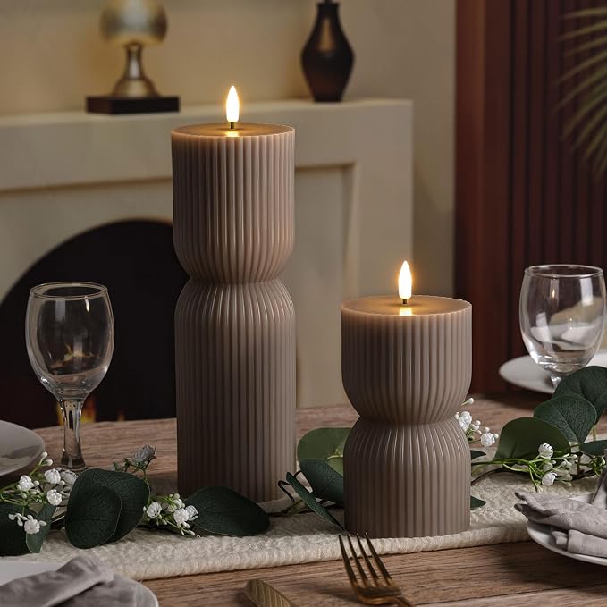 Taupe Ribbed Flameless Pillar Candles - Image 8