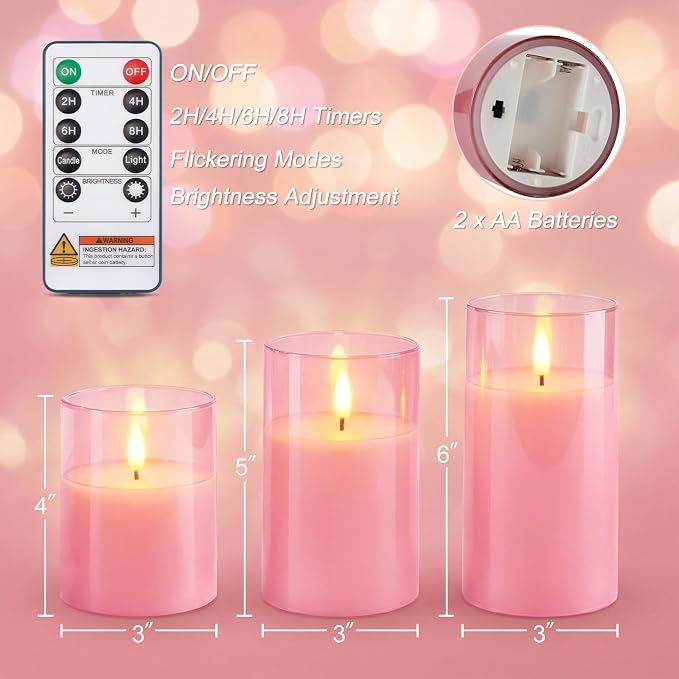 Homemory Pink Glass Flameless Candles, Real Wax, Remote Timer, 3 Pack | - Image 9