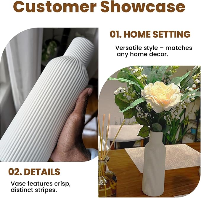 White Ceramic Vase, Modern Matte Ribbed Flower Vase - Image 9