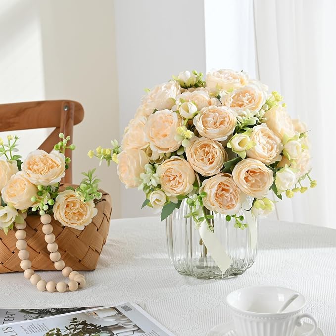4 Packs Peonies Artificial Flowers, Champagne Silk Artificial Peonies | Fake - Image 2