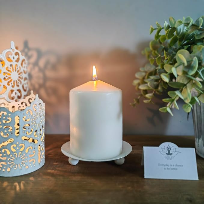 Hosley Set of 2 Whitewashed Iron Pillar Candle Holder Plates – 4-Inch - Image 3