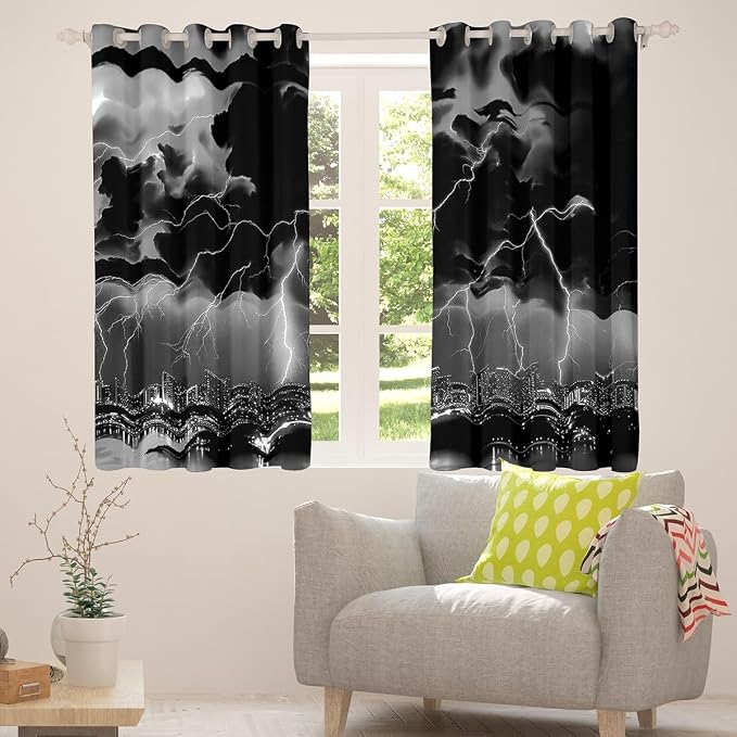 jejeloiu Grey Thunder Lightning Window Drapes Cool Flashing Lightning Blackout - Image 4