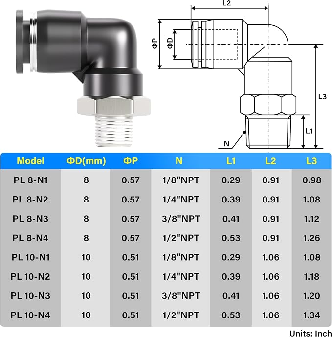 TAILONZ 10mm x 1/8" NPT Push to Connect Elbow Fitting 10pcs | Copper&Plastic - Image 2