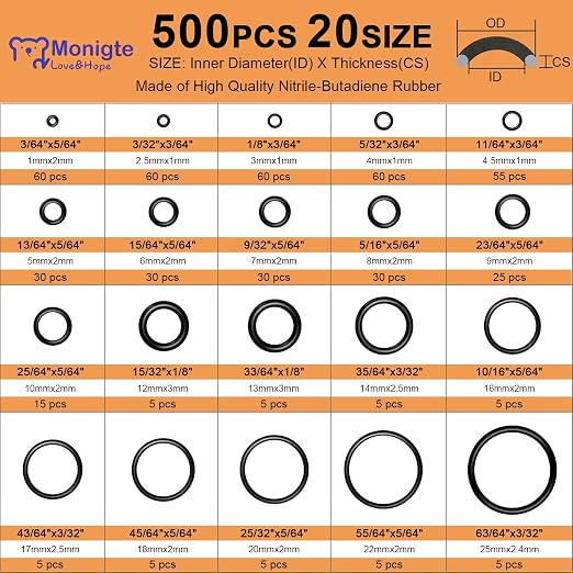 500 Pcs 20 Sizes O Ring Kit, Rubber O-Ring Assortment Kit, Rubber Washers - Image 2