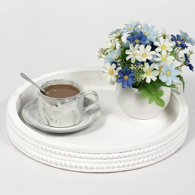 Carah & Cossh 12'' Round Wooden Tray, Farmhouse Rustic Decorative Tray - Image 2