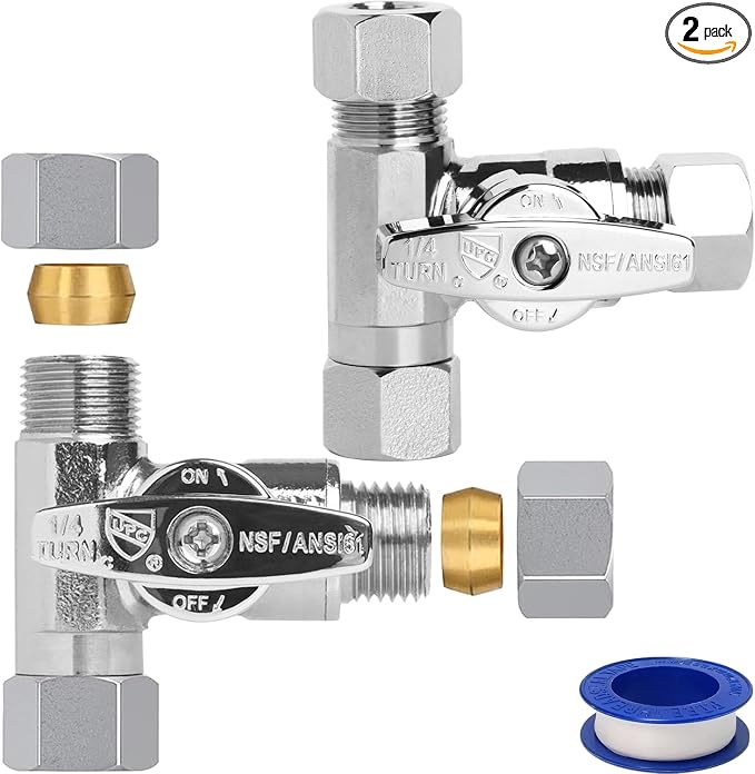 WiseWater 3/8" x 3/8" x 3/8" Tee Valve, 2 PACK | Heavy Duty Brass Angle Stop by WiseWater