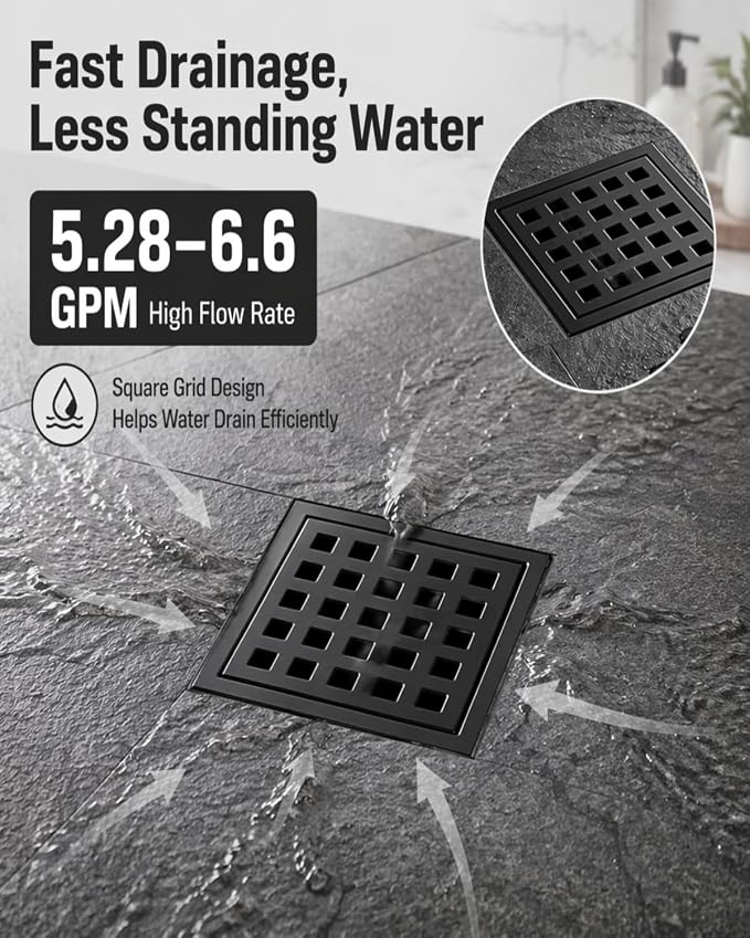 4" Matte Black Shower Drain, Square Shower Floor Drain - Image 3