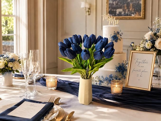 Mandy's 20pcs Artificial Navy Blue Tulips | 13.5 Inch Lifelike PU Tulips Faux - Image 5