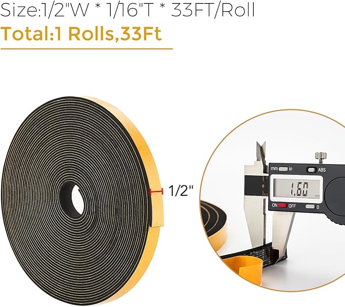 Ravinte Weather Stripping Door Seal, 1/2 x 1/16 Adhesive Foam Tape, 33 FT | - Image 3