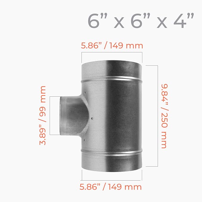 90° Degree Ø6 x 6 x 4 Inch T Shape Duct Splitter - Image 2