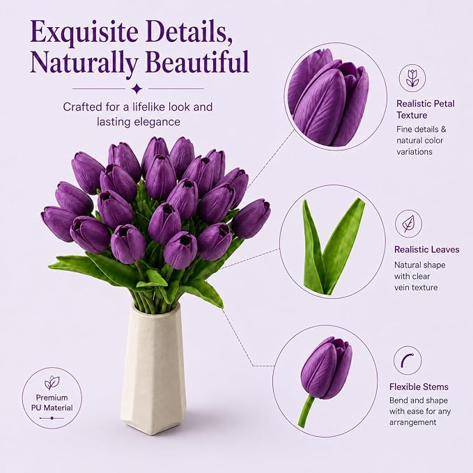 Mandy's 20pcs Artificial Grape Purple Tulips | 13.5 Inch Lifelike PU Tulips - Image 4