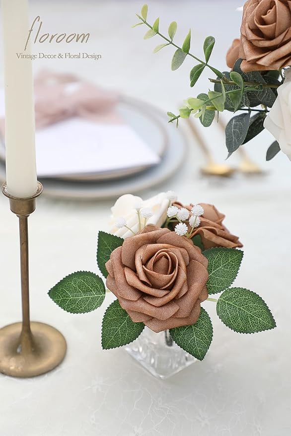 Artificial Flowers 25pcs Real Looking Gold Sparrow & Cream Foam Fake Roses - Image 3