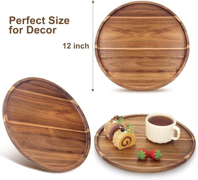 Acacia Round Wood Serving Tray for Ottoman Coffee Dining Table Decorations | - Image 5