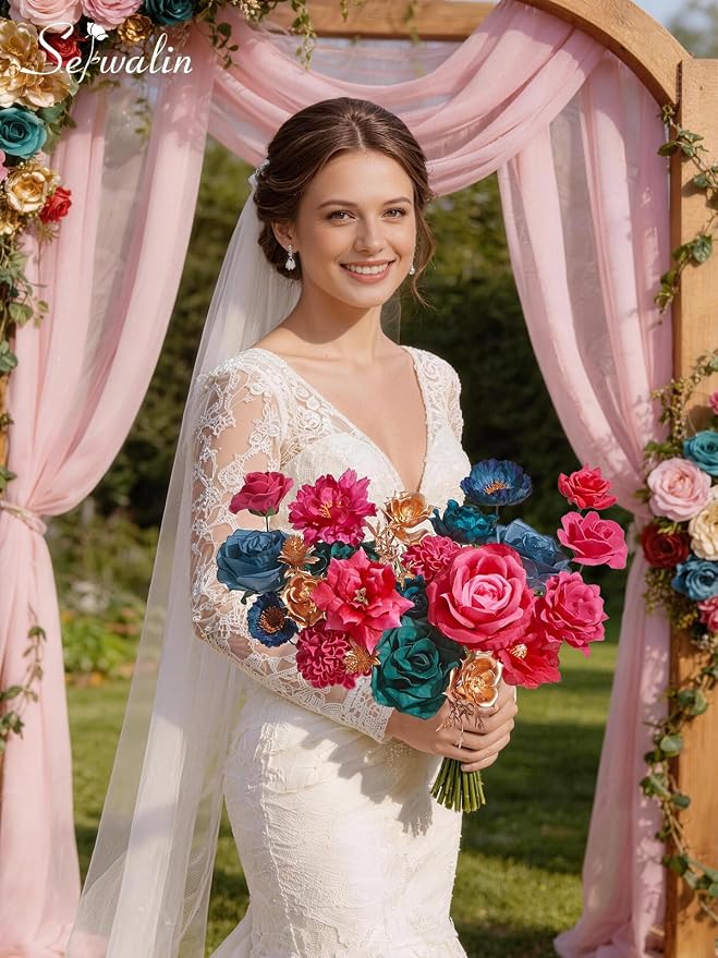 Serwalin Artificial Flowers Hot Pink & Teal Silk Flowers - Image 7