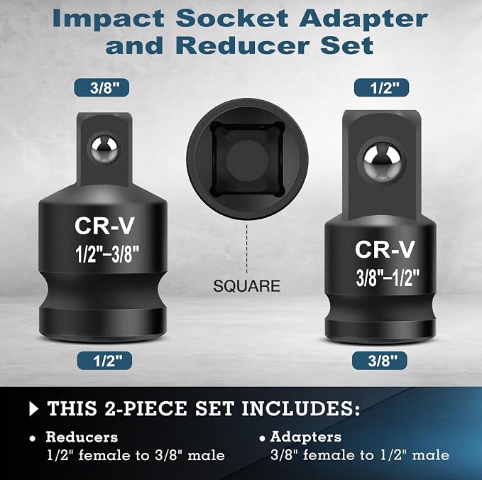 2PCS Impact Socket Adapter and Reducer Set, 1/2" to 3/8" & 3/8" to 1/2" Inch - Image 2