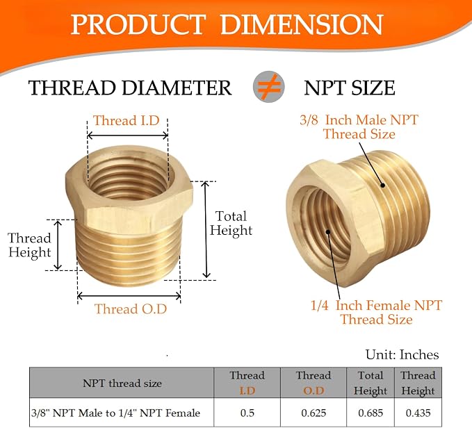 Brass NPT Hex Bushing Reducer, 3/8" Male to 1/4" Female Pipe Fitting | 8-pack - Image 2