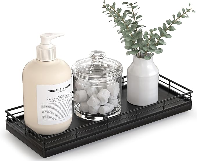 Bathroom Tray for Counter Top Organizer, Oak Wood Vanity Tray | Metal Frame for by Focusonit