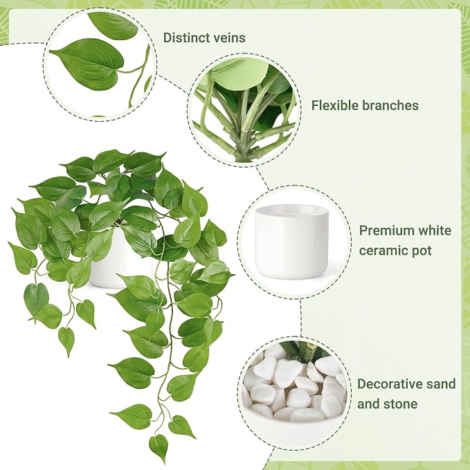 Mkono Fake Hanging Plants with Ceramic Pot, Realistic Greenery Look, Modern - Image 5