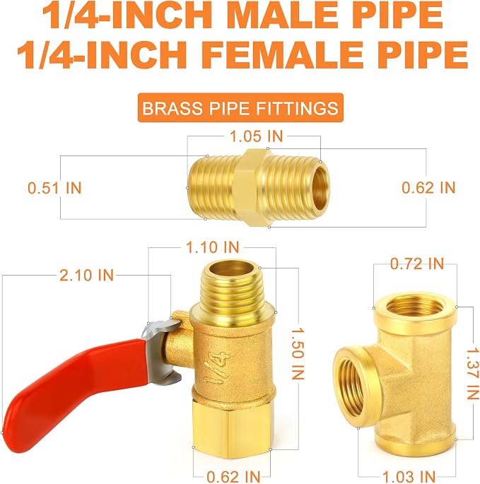 GASHER 6PCS 1/4 Inch NPT Brass Pipe Fitting, Ball Valve, Barstock Tee Brass - Image 4