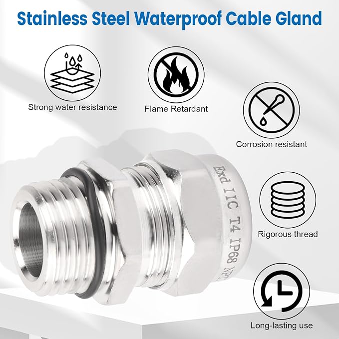 QCG 1/2" NPT Stainless Steel Cable Gland Waterproof IP68, Adjustable - Image 2