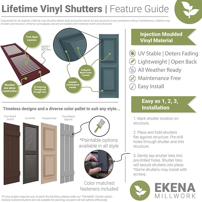 12"W x 55"H Lifetime Vinyl, Standard Two Equal Panels, Raised Panel Shutters - Image 10