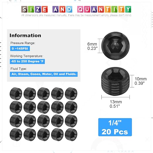 Glarks 20Pcs Carbon Steel 1/4'' NPT Male Pipe Plug Fitting Internal Hex Thread - Image 2