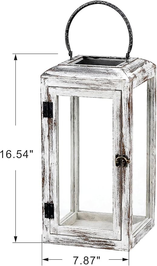 16" High Wooden Lantern Made of Solid Firwood in Whitewash - Image 2