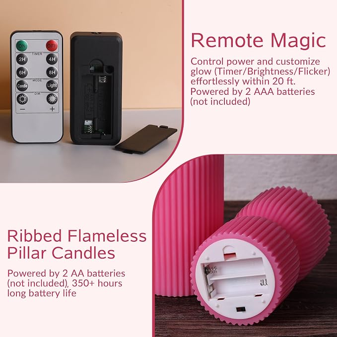 Hot Pink Ribbed Flameless Pillar Candles - Image 3