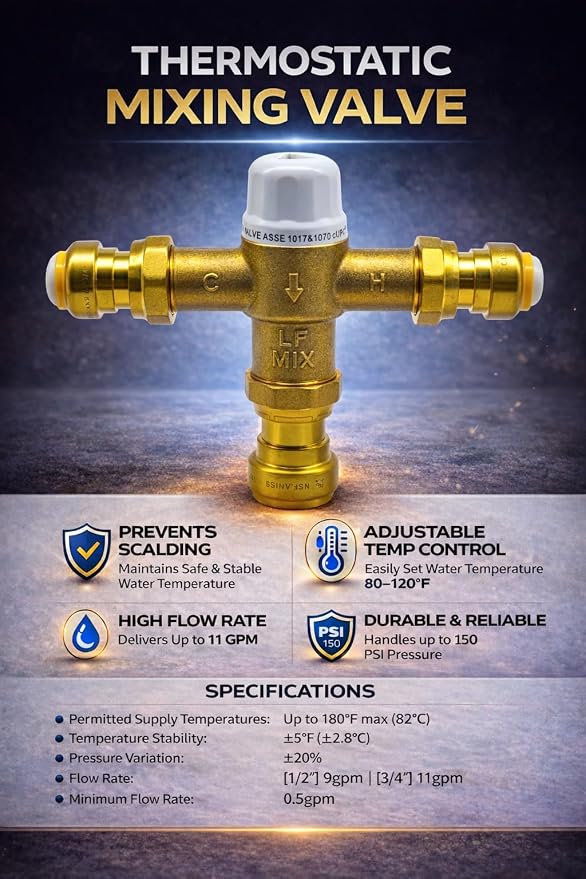 3/4" Push-Fit Thermostatic Mixing Valve, Cert: ASSE, NSF | TMV, Precise water - Image 9