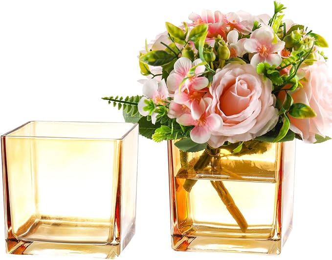 Square Amber Glass Vases Set of 2, Flower Vases by MARTAGE
