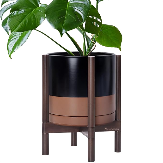 D'vine Dev Ceramic Pot with Walnut Wood Stand, 12 in, 55-B-W-7 | Mid-Century by DvineDevPlanterPotsandStand