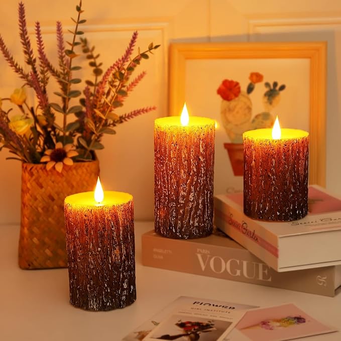 AKU TONPA Pine Bark Effect Flameless Candles Battery Operated Pillar Real Wax - Image 4