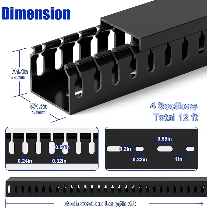 1.4"H x 1.6"W Cable Raceway, 12ft Under Desk Wire Management Channel, 4 Pack - Image 2