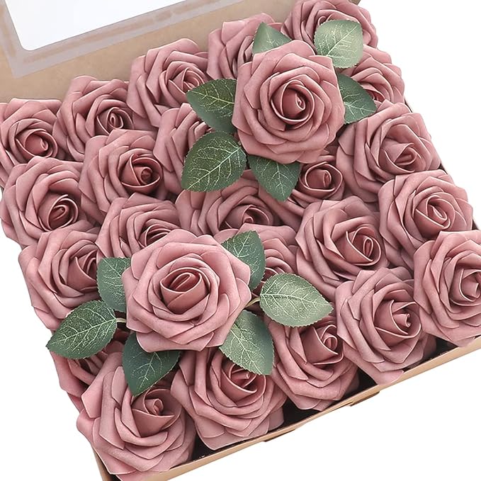 Artificial Flowers 25pcs Real Looking Dusty Rose Foam Fake Roses by Floroom