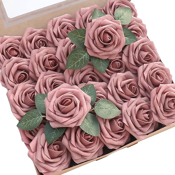 Artificial Flowers 50pcs Real Looking Dusty Rose Foam Fake Roses by Floroom