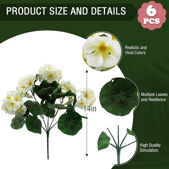 Hananona 6 Pcs Artificial Geranium Flowers - Image 2