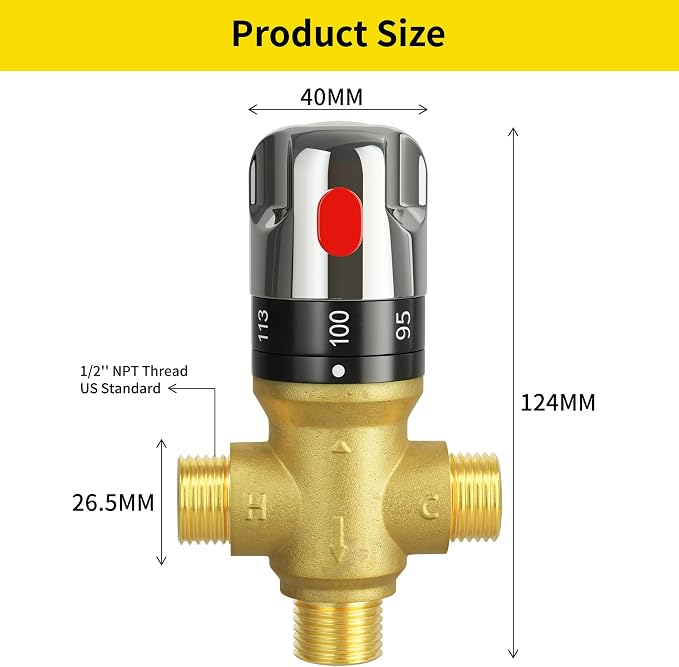 FUGO Thermostatic Mixing Valve, 1/2 NPT Solid Brass Temperature Control Valve - Image 6