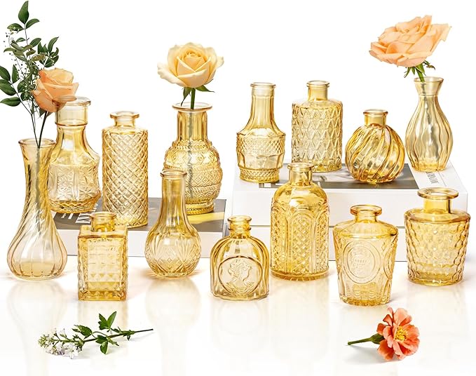 Clear Topaz Glass Bud Vase Set of 14 Pcs, Small Bud Vases in Bulk, Glass by JXINDUJU