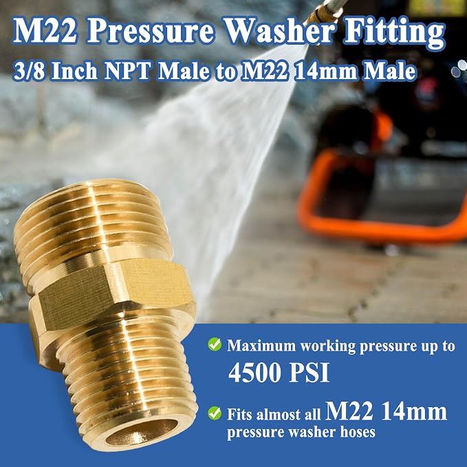 2 Pcs Brass M22 14mm Male to 3/8 Inch NPT Male Hose Adapter Kit | Rated 4500PSI - Image 3