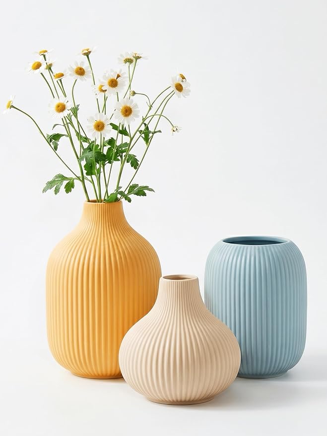 Colorful Small Ceramic Vases Set of 3, Matte Vertical Ribbed, Minimalist by TrendEcoHome
