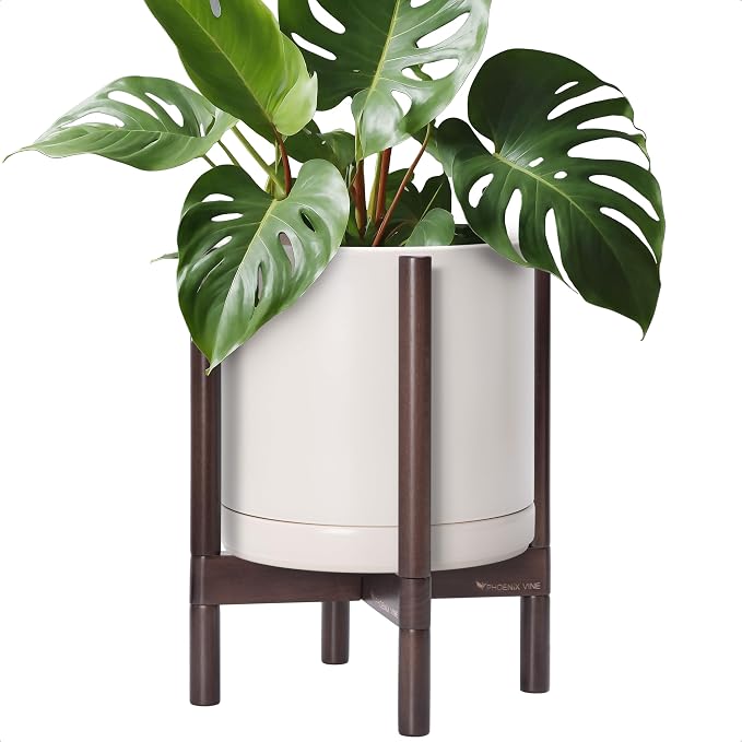 D'vine Dev Ceramic Pot with Walnut Wood Stand, 12 in, 55-B-W-8 | Mid-Century by DvineDevPlanterPotsandStand
