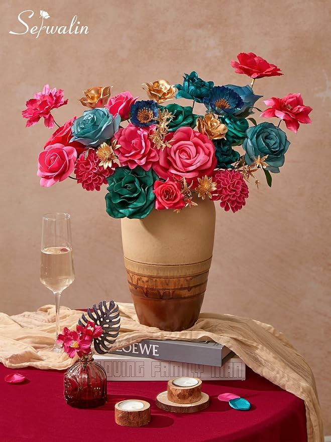Serwalin Artificial Flowers Hot Pink & Teal Silk Flowers - Image 2