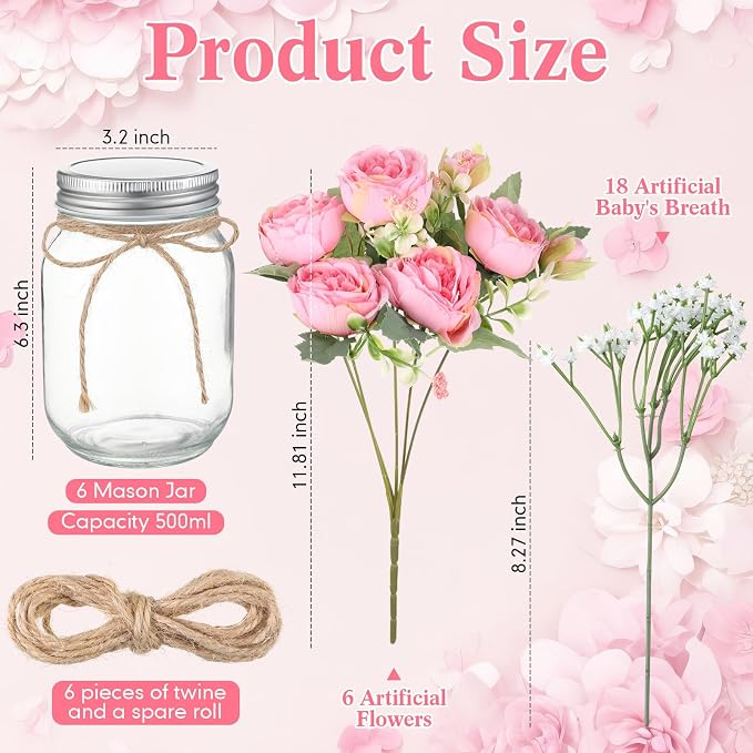 6 Sets Mason Jar Flowers Centerpiece Table Decorations, Coral Pink | Faux - Image 4